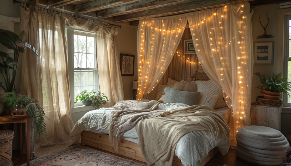 Bohemian bedroom, four-poster bed, cotton drapes, string lights, wooden platform bed, minimalist, daybed, small space