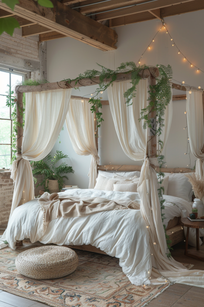 Bohemian bedroom, four-poster bed, cotton drapes, string lights, wooden platform bed, minimalist, daybed, small space design