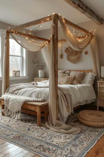 Bohemian bedroom, four-poster bed, cotton drapes, string lights, wooden platform bed, minimalist, daybed, small space neutral colors