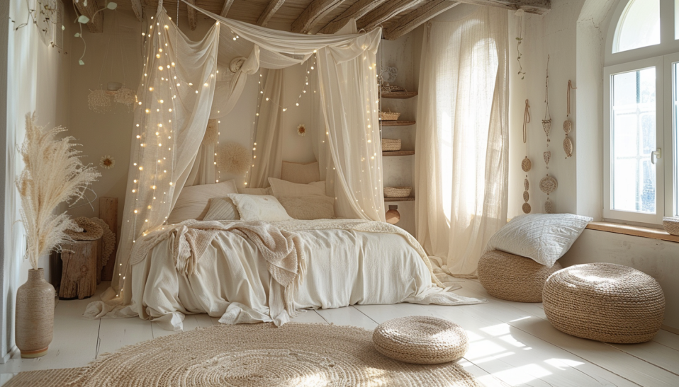 Bohemian bedroom, four-poster bed, cotton drapes, string lights, wooden platform bed, minimalist, daybed, small space.