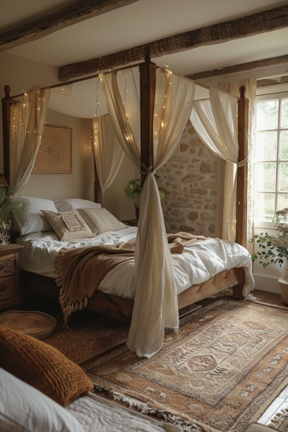 Bohemian bedroom, four-poster bed, cotton drapes, string lights, wooden platform bed, minimalist, daybed