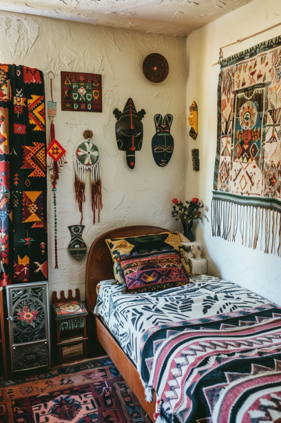 Bohemian bedroom, wall decor, folk art, cultural pieces, hand-painted ceramics, embroidered textiles, tribal masks