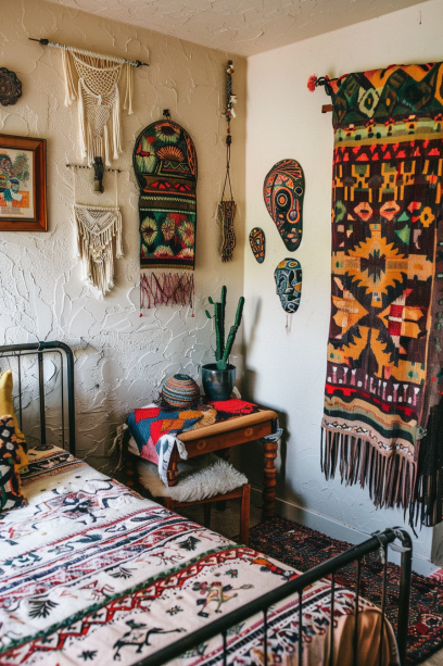 Bohemian bedroom, wall decor, folk art, cultural pieces, hand-painted ceramics, embroidered textiles, tribal masks.