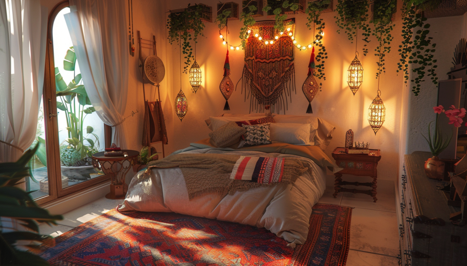 Boho bedroom, Moroccan lanterns, fairy lights, decorative lamps, soft lighting