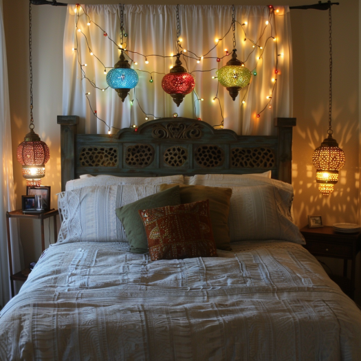 Boho bedroom, Moroccan lanterns, fairy lights, decorative lamps, soft lighting..