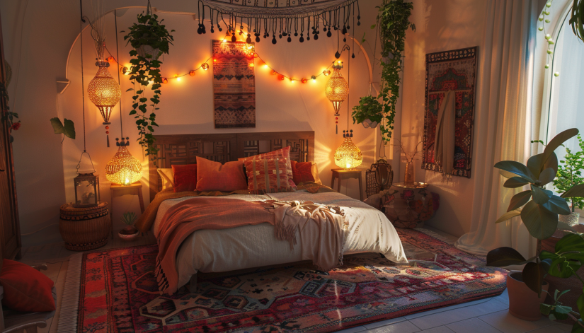 Boho bedroom, Moroccan lanterns, fairy lights, decorative lamps, soft