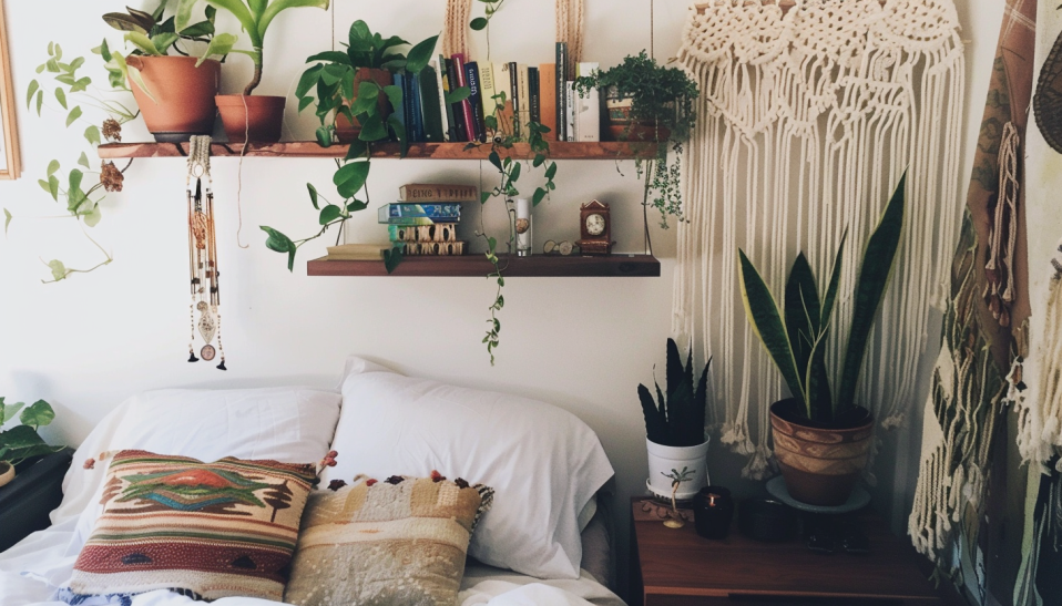 Boho bedroom, floating shelves, macramé organizers, small space decor