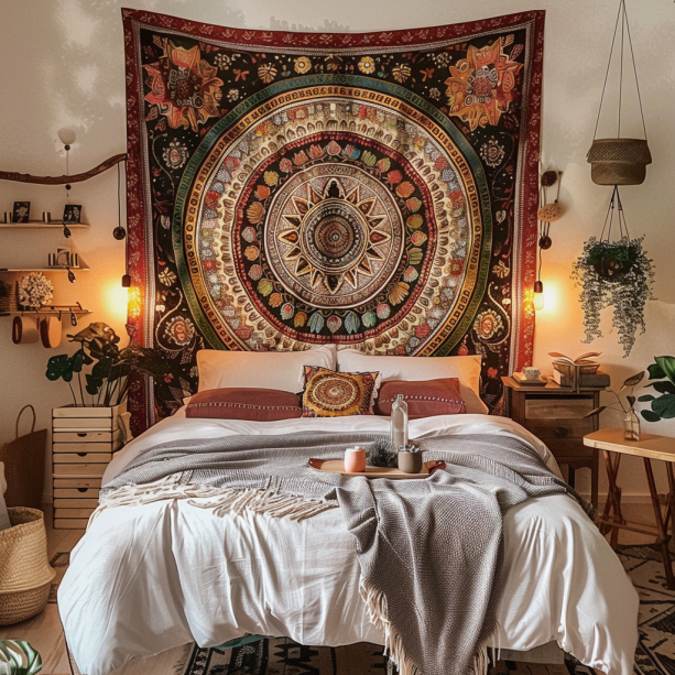 Boho bedroom, mandala tapestry, colorful, abstract patterns, wildlife elements.