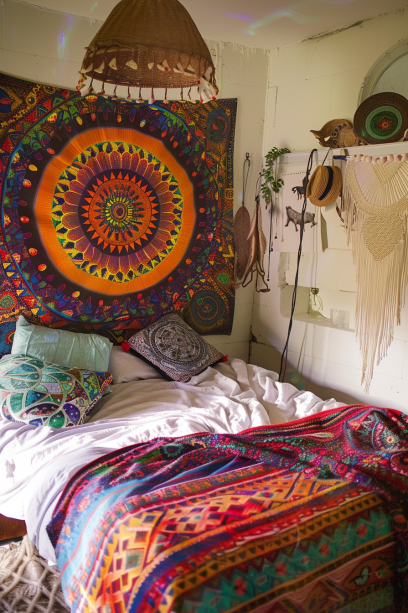 Boho bedroom, mandala tapestry, colorful, abstract patterns, wildlife elements