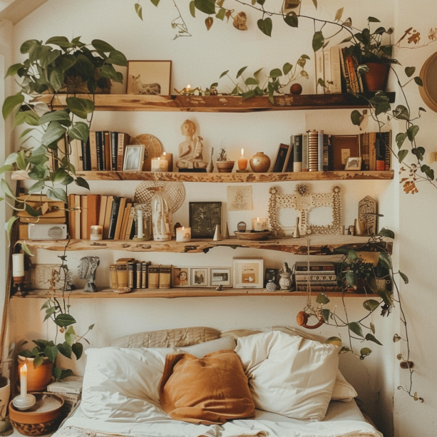 Boho bedroom, natural wood shelves, potted plants, small sculptures, candles, books