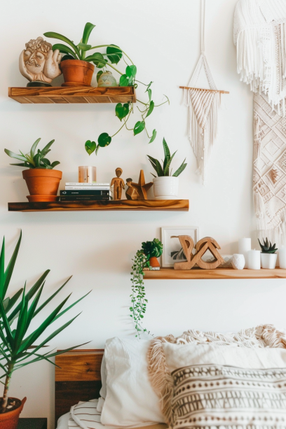 Boho bedroom, natural wood shelves, potted plants, small sculptures, candles, books.