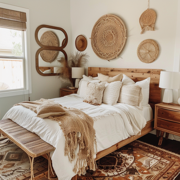 Boho bedroom, rattan framed mirrors, reclaimed wood, wall decor, spacious, bright