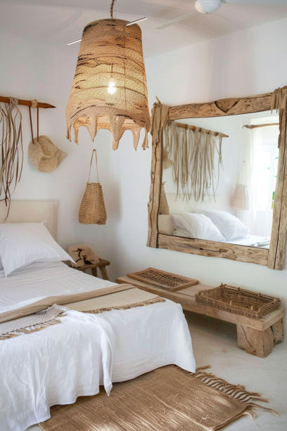 Boho bedroom, rattan framed mirrors, reclaimed wood, wall decor, spacious, bright...