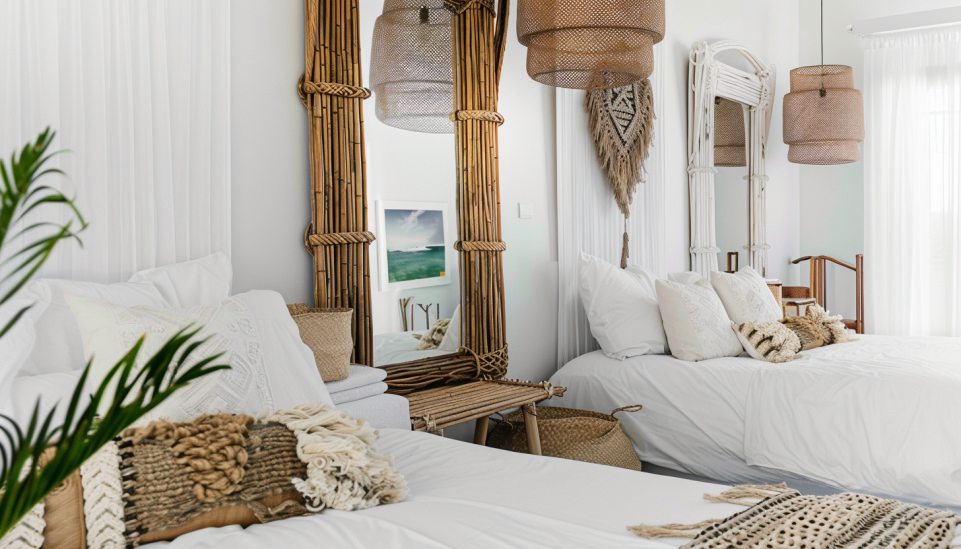 Boho bedroom, rattan framed mirrors, reclaimed wood, wall decor, spacious, bright.