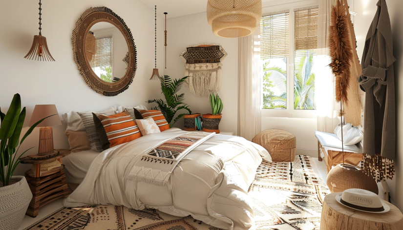 Boho bedroom, small mirrors, large mirror, natural light, space illusion.
