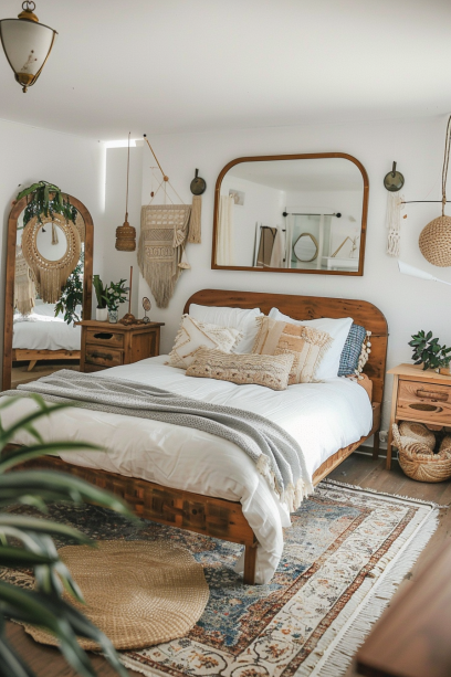 Boho bedroom, small mirrors, large mirror, natural light, space illusion
