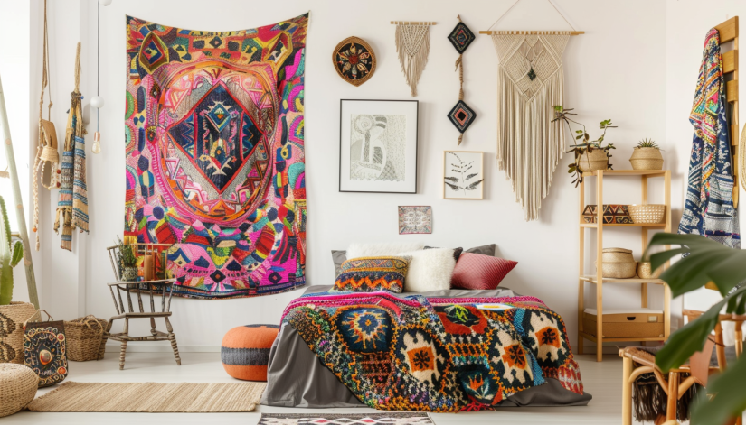 Boho bedroom, wall tapestry, gallery wall, macramé wall hangings