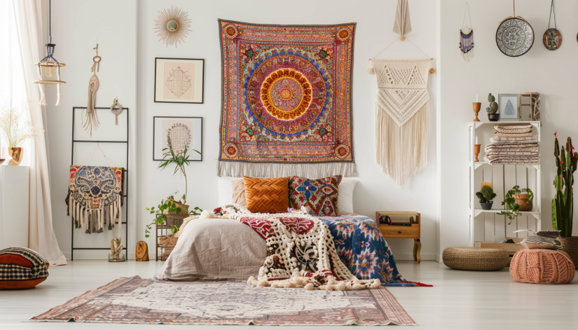 Boho bedroom, wall tapestry, gallery wall, macramé wall hangings design