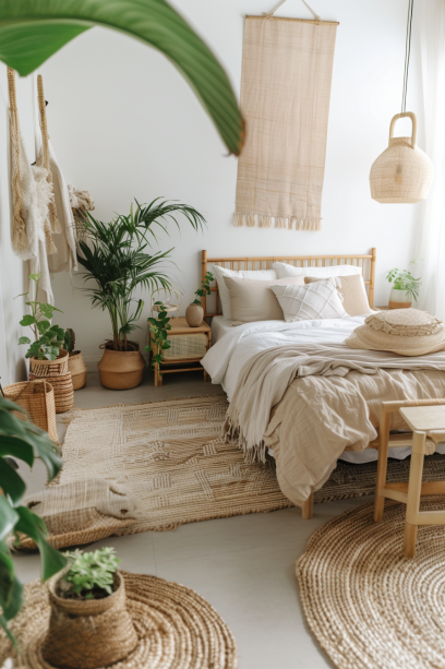 Boho bedroom, wooden furniture, bamboo nightstand, indoor plants, Monstera, earthy atmosphere
