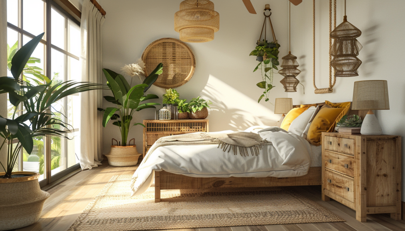 Boho bedroom, wooden furniture, bamboo nightstand, indoor plants, Monstera, earthy atmosphere...