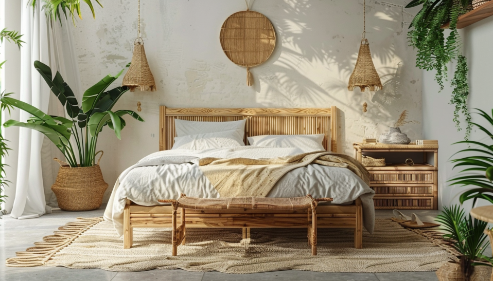 Boho bedroom, wooden furniture, bamboo nightstand, indoor plants, Monstera, earthy atmosphere.