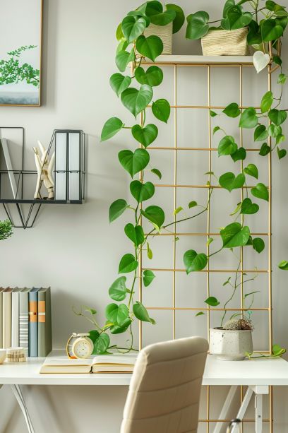 Chic home office with a Pothos plant climbing a gold trellis, sleek white desk, ergonomic chair, and warm diffused lighting.
