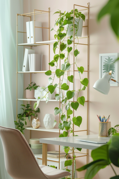 Chic home office with a Pothos plant climbing a gold trellis, sleek white desk, ergonomic chair, and warm diffused lighting