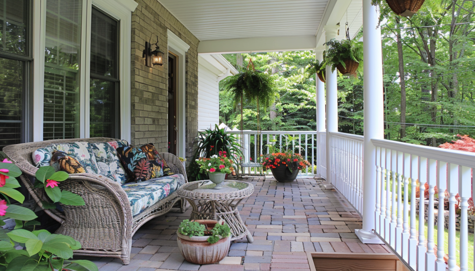 Classic residential front porch with white wooden railings, wicker chairs, and a variety of colorful potted plants