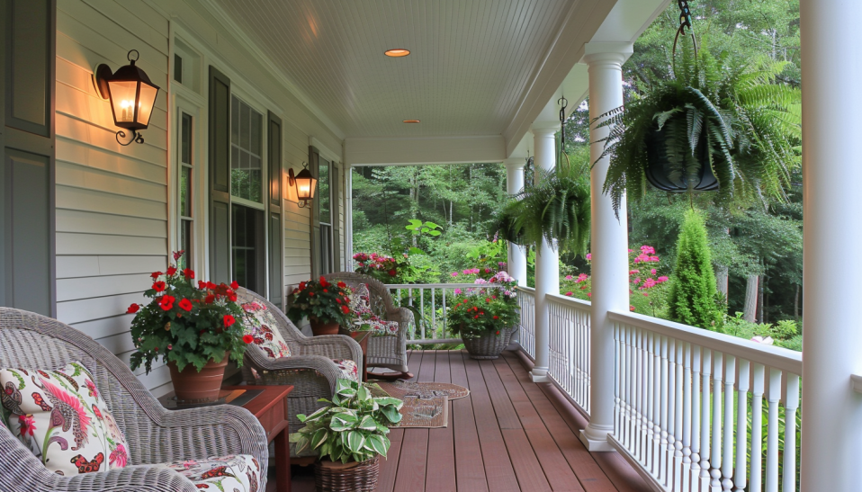 Classic residential front porch with white wooden railings, wicker chairs, and a variety of colorful potted plants.