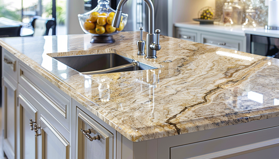 Close-up image of a sealed granite countertop in an elegant kitchen, highlighting its glossy finish, natural patterns, and sophisticated appeal-