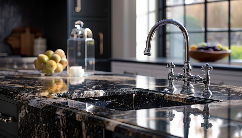Close-up image of a sealed granite countertop in an elegant kitchen, highlighting its glossy finish, natural patterns, and sophisticated appeal..