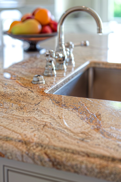 Close-up image of a sealed granite countertop in an elegant kitchen, highlighting its glossy finish, natural patterns, and sophisticated appeal.