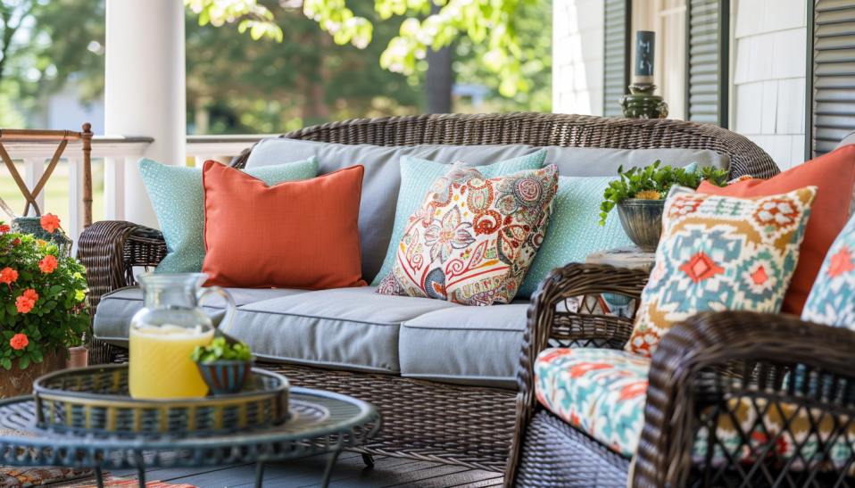Close-up of a cozy front porch with a mix of vintage and modern furniture and colorful coordinated cushions, featuring a potted plant and lemonade pitcher