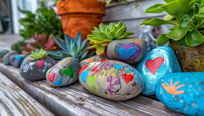 Close-up of a front porch painted rock garden featuring hand-painted rocks with inspirational messages and colorful designs, surrounded by small plants