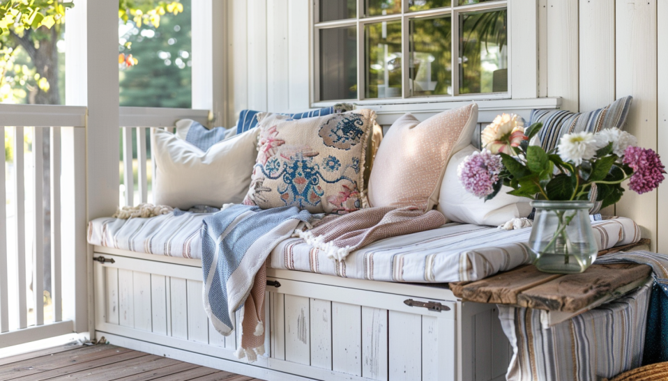 Close-up of a front porch storage bench and seating area with pastel-colored cushions and a vase of flowers.