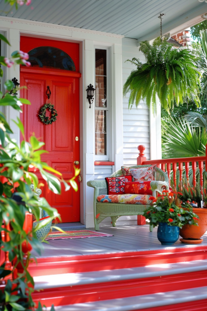 Close-up of a front porch with a bold red door and railings