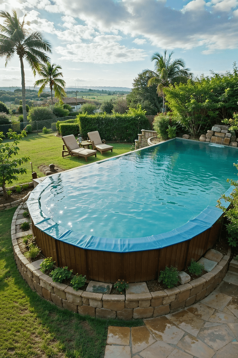 Close-up of a high-quality above-ground infinity edge pool with water flowing over the edge
