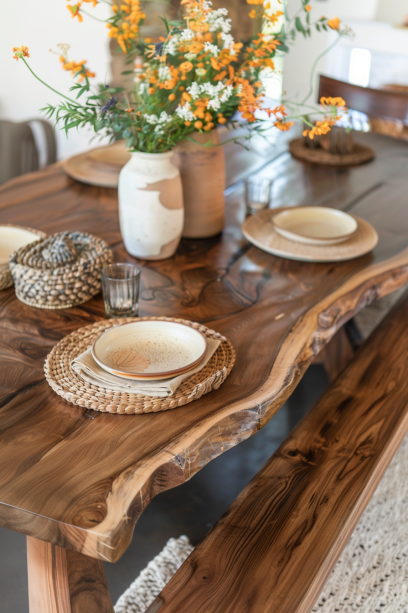 Close-up of a live edge dining table and matching bench, highlighting the natural wood grain and textures