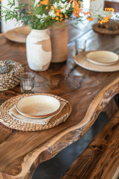 Close-up of a live edge dining table and matching bench, highlighting the natural wood grain and textures.