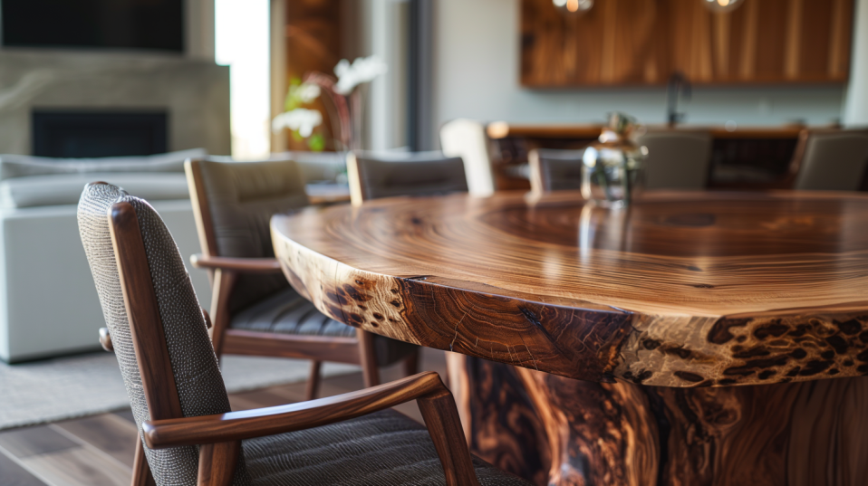 Close-up of a live edge dining table with intricate wood grain in a small dining room