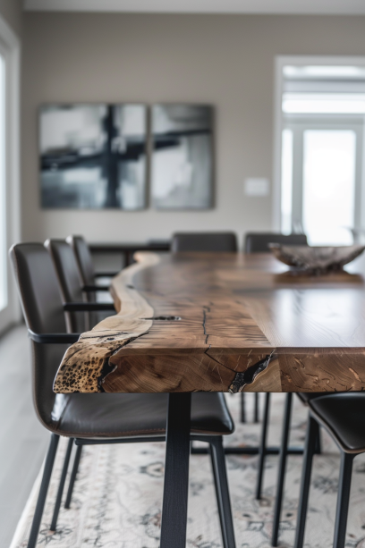 Close-up of a live edge dining table with metal chairs