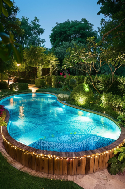 Close-up of a luxury swimming pool at night with intricate lighting