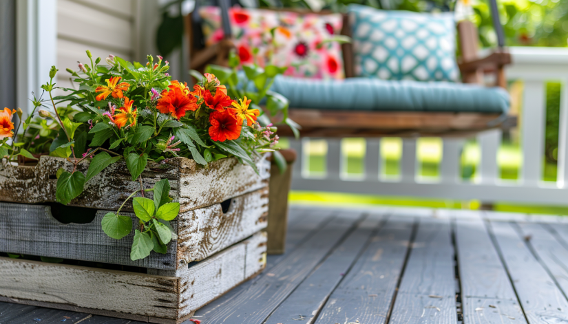 Close-up of a rustic wooden crate planter overflowing with flowers and greenery, with a cozy porch swing in the background