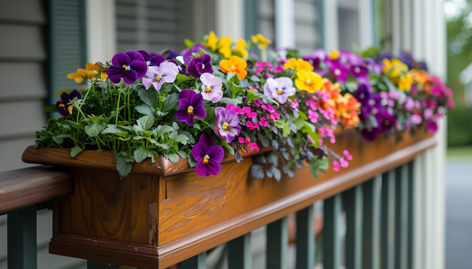Close-up of a seasonal flower-filled window box on a front porch railing