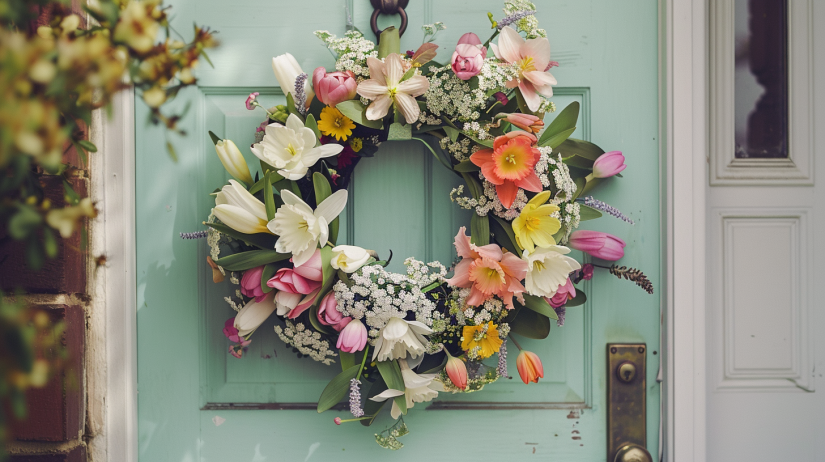 Close-up of a spring flower wreath on a mint-green front door with a vintage brass handle and a house number plaque
