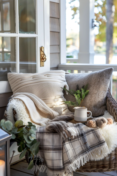 Close-up of cozy front porch chair with plush throws and pillows