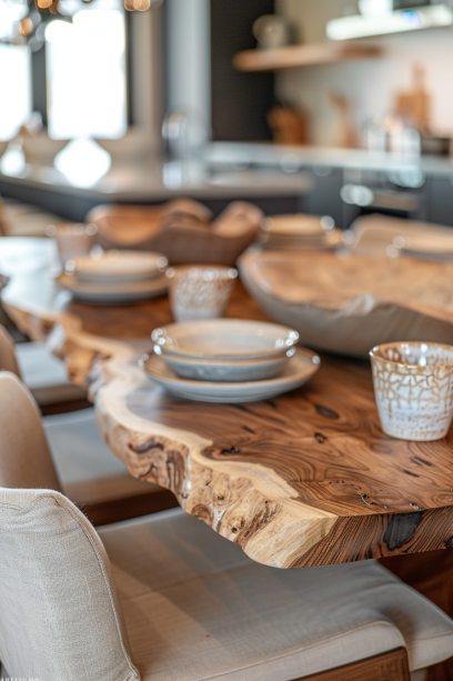 Close-up of custom live edge dining table with rustic dishware and modern chairs, showcasing intricate wood grain and natural edges