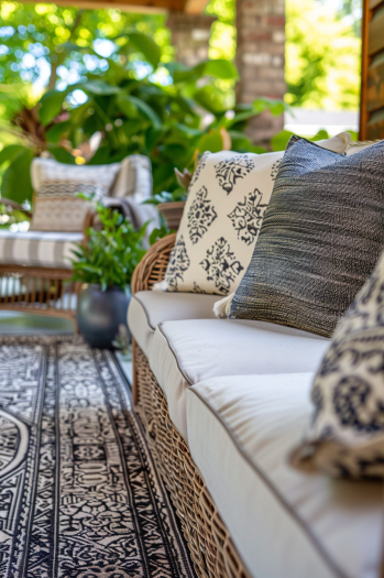 Close-up shot of an outdoor rug's intricate patterns on a cozy front porch, with matching cushions and surrounding décor