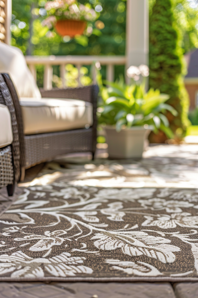 Close-up shot of an outdoor rug's intricate patterns on a cozy front porch, with matching cushions and surrounding décor.