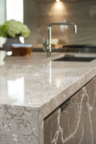 Close-up view of a polished quartz countertop in a stylish kitchen, showcasing its smooth, non-porous surface with ambient light reflection and subtle textures